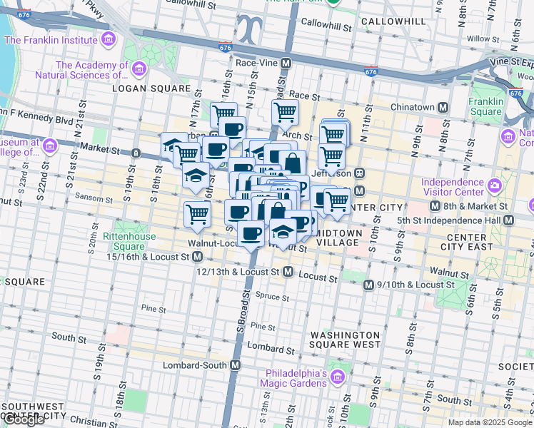 map of restaurants, bars, coffee shops, grocery stores, and more near 1339 Chestnut Street in Philadelphia