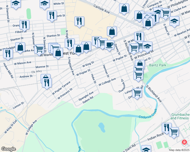 map of restaurants, bars, coffee shops, grocery stores, and more near 1296 West Princess Street in West York