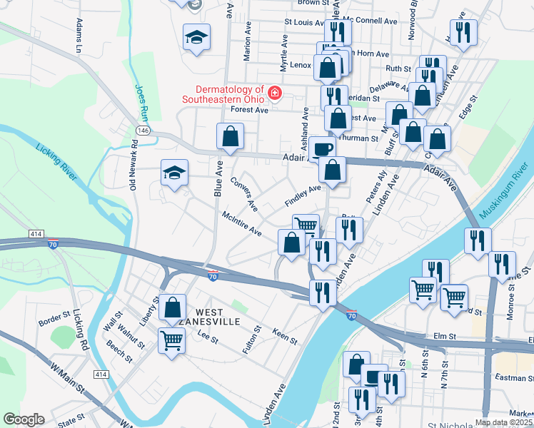 map of restaurants, bars, coffee shops, grocery stores, and more near 931 Findley Avenue in Zanesville