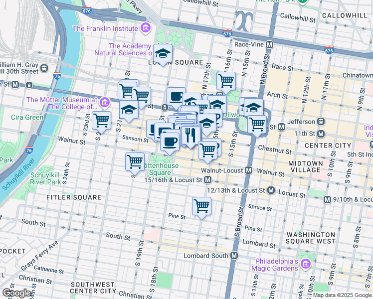 map of restaurants, bars, coffee shops, grocery stores, and more near 1729 Sansom Street in Philadelphia