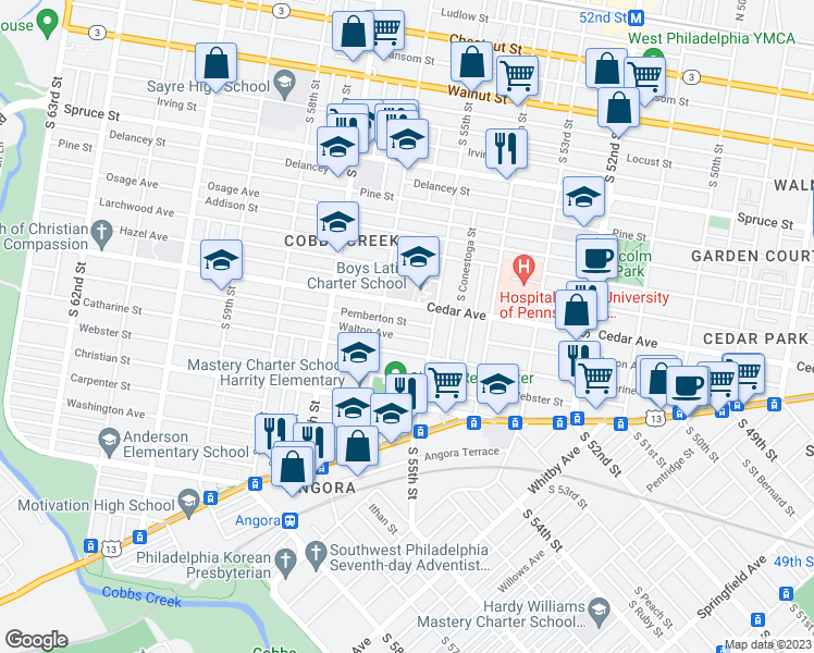 map of restaurants, bars, coffee shops, grocery stores, and more near 5532 Pemberton Street in Philadelphia
