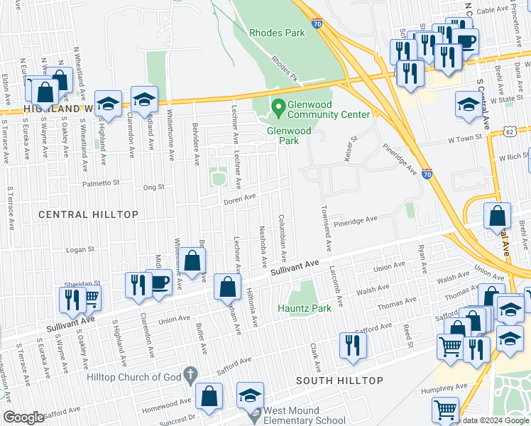 map of restaurants, bars, coffee shops, grocery stores, and more near 264 Nashoba Avenue in Columbus