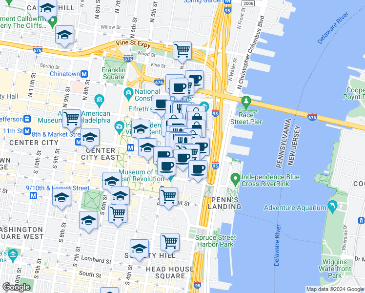 map of restaurants, bars, coffee shops, grocery stores, and more near 51 North 3rd Street in Philadelphia