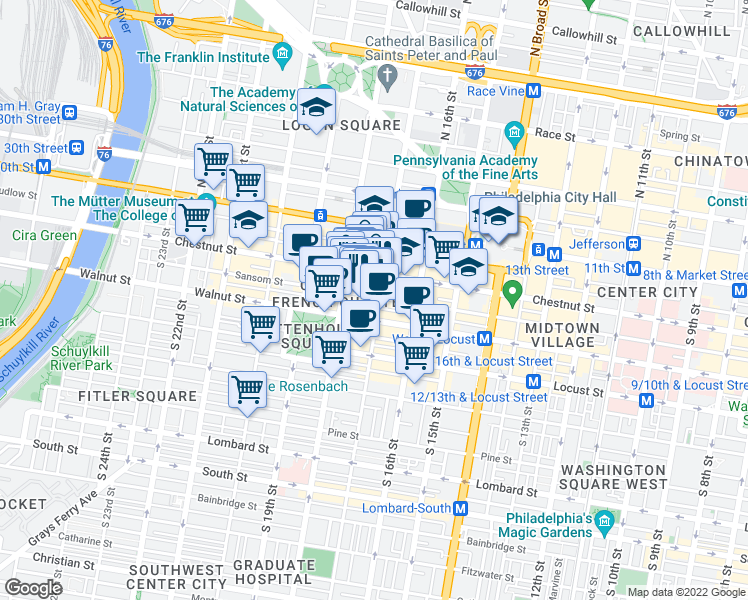 map of restaurants, bars, coffee shops, grocery stores, and more near 1700 Sansom Street in Philadelphia