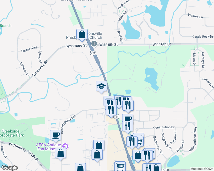 map of restaurants, bars, coffee shops, grocery stores, and more near 11712 North Michigan Road in Zionsville