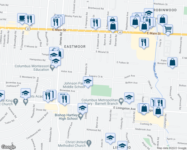 map of restaurants, bars, coffee shops, grocery stores, and more near 3290 Towers Court North in Columbus
