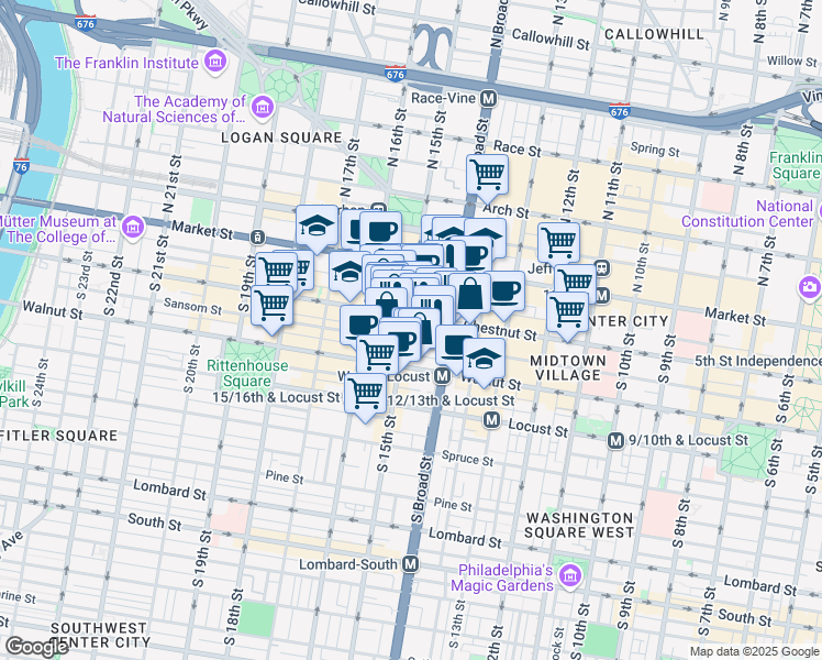 map of restaurants, bars, coffee shops, grocery stores, and more near 111 South 15th Street in Philadelphia