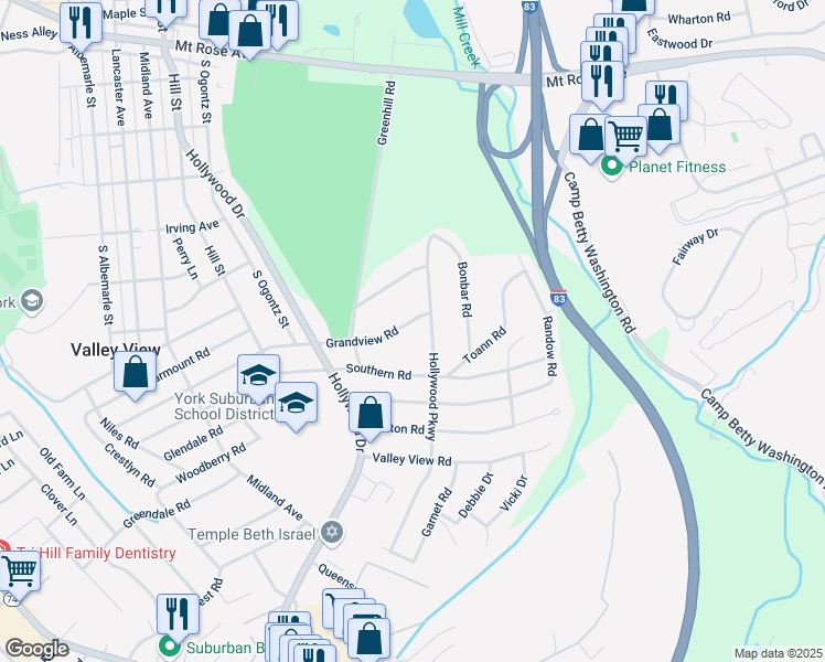 map of restaurants, bars, coffee shops, grocery stores, and more near 1174 Grandview Road in York