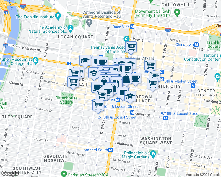 map of restaurants, bars, coffee shops, grocery stores, and more near in Philadelphia