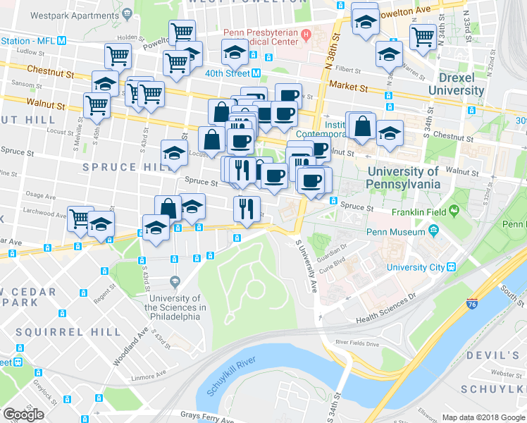 map of restaurants, bars, coffee shops, grocery stores, and more near 3907 Pine Street in Philadelphia