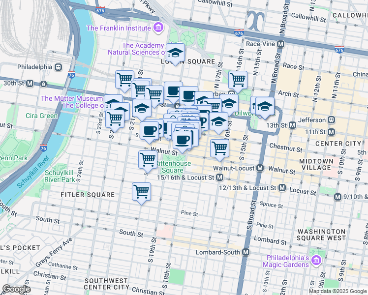 map of restaurants, bars, coffee shops, grocery stores, and more near 111 South 18th Street in Philadelphia