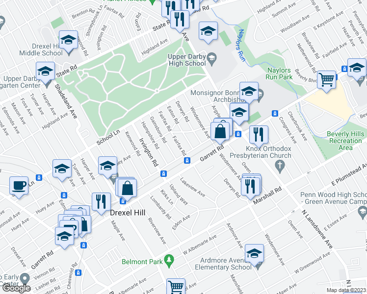 map of restaurants, bars, coffee shops, grocery stores, and more near 439 Fairfax Road in Drexel Hill