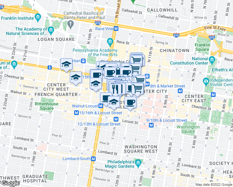 map of restaurants, bars, coffee shops, grocery stores, and more near in Philadelphia