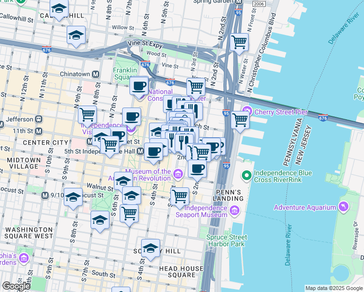 map of restaurants, bars, coffee shops, grocery stores, and more near 30 North 3rd Street in Philadelphia