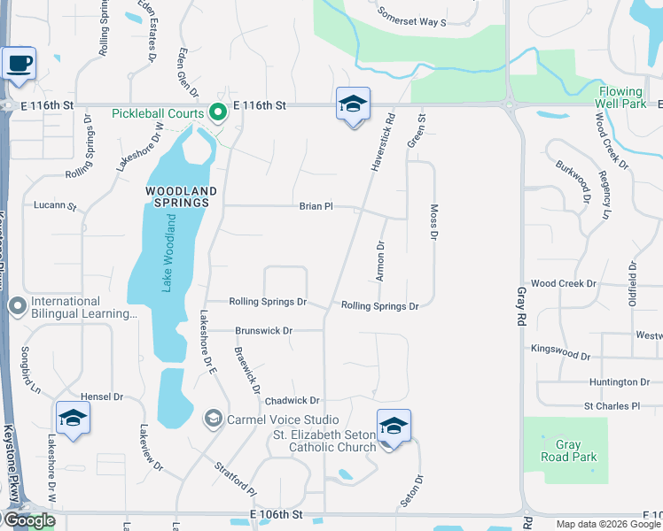 map of restaurants, bars, coffee shops, grocery stores, and more near 11204 Haverstick Road in Carmel