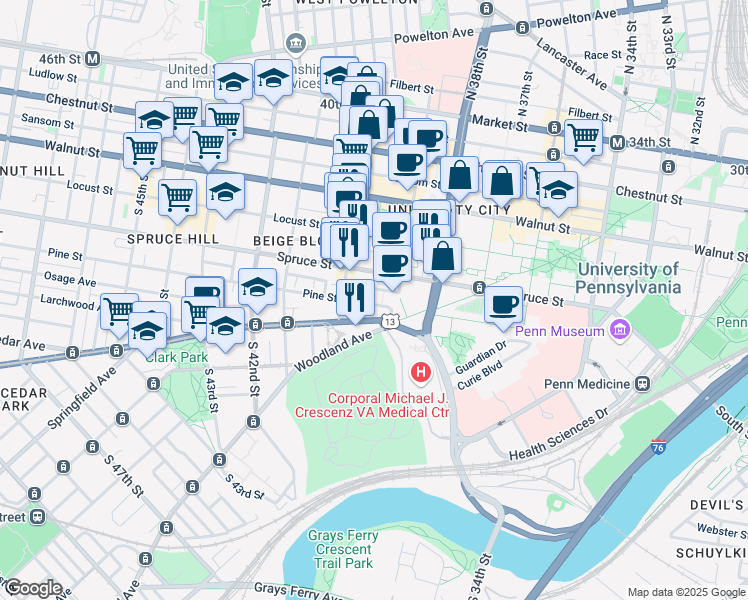 map of restaurants, bars, coffee shops, grocery stores, and more near 3913 Pine Street in Philadelphia