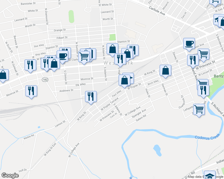 map of restaurants, bars, coffee shops, grocery stores, and more near 1459 West King Street in West York