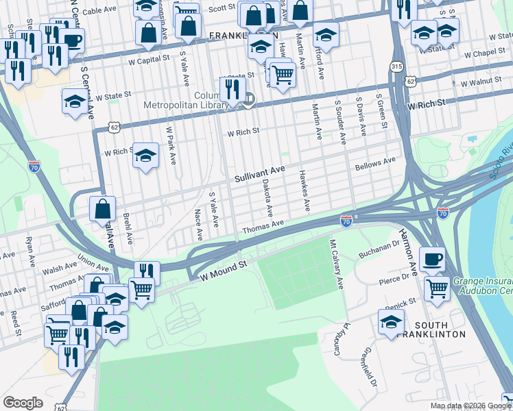 map of restaurants, bars, coffee shops, grocery stores, and more near 1083 Bellows Avenue in Columbus