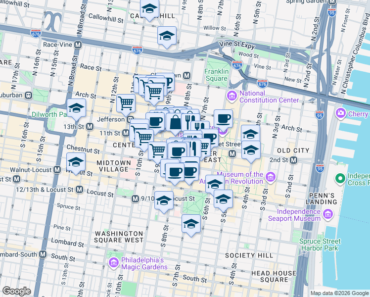 map of restaurants, bars, coffee shops, grocery stores, and more near 801 Market Street in Philadelphia