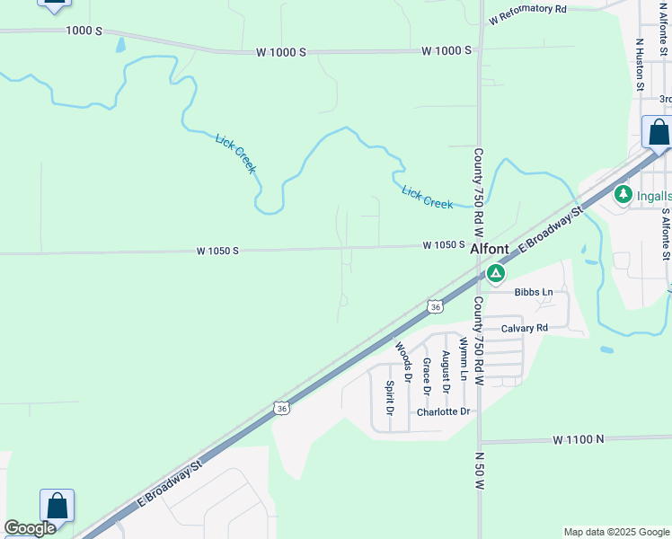 map of restaurants, bars, coffee shops, grocery stores, and more near 7877 West 1050 South in Fortville