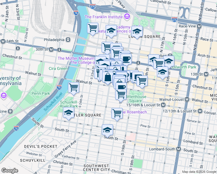 map of restaurants, bars, coffee shops, grocery stores, and more near in Philadelphia