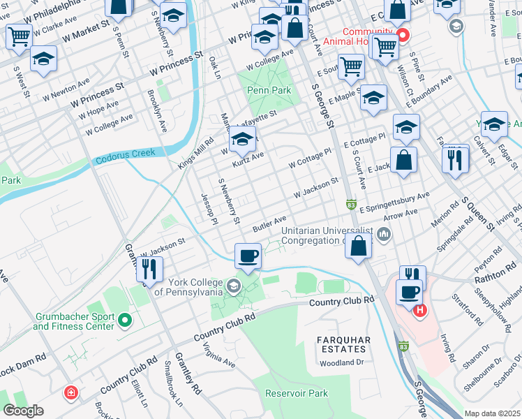 map of restaurants, bars, coffee shops, grocery stores, and more near 600 South Manor Street in York