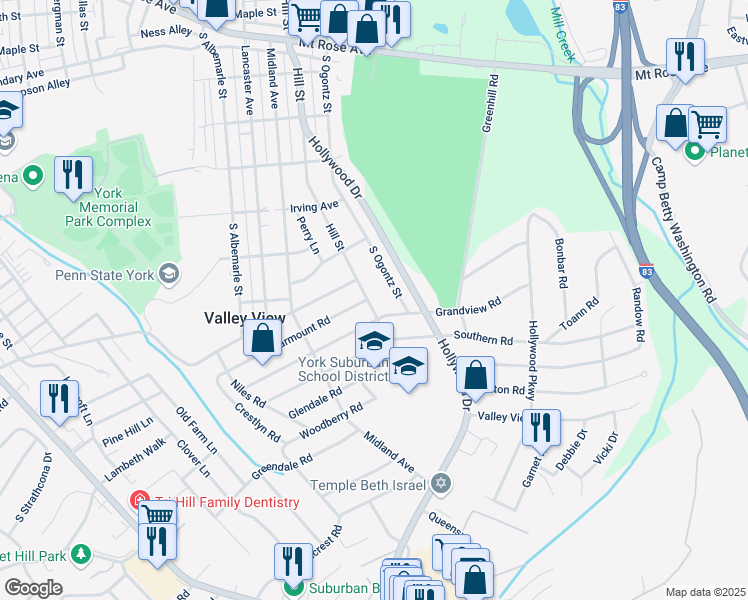 map of restaurants, bars, coffee shops, grocery stores, and more near 1349 Hill Street in York