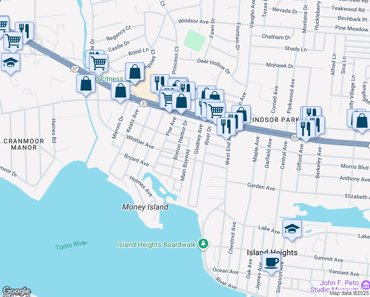map of restaurants, bars, coffee shops, grocery stores, and more near 48 4th Bayway in Toms River