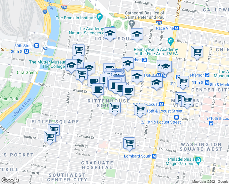 map of restaurants, bars, coffee shops, grocery stores, and more near 130 South 18th Street in Philadelphia