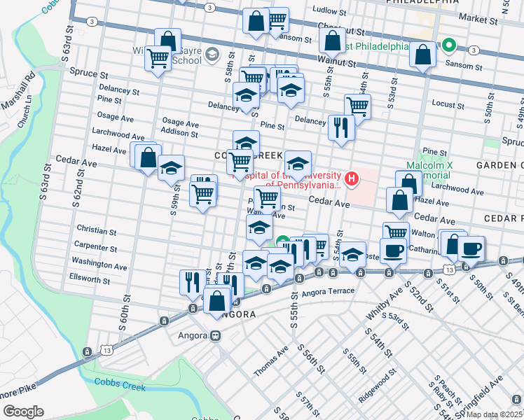 map of restaurants, bars, coffee shops, grocery stores, and more near 5617 Walton Avenue in Philadelphia