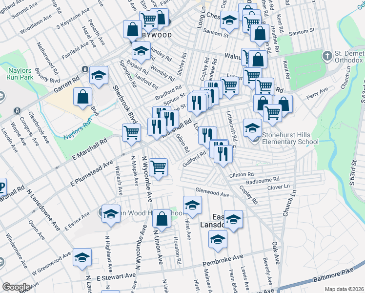 map of restaurants, bars, coffee shops, grocery stores, and more near 48 Gilpin Road in Delaware County