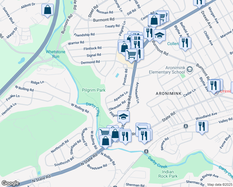 map of restaurants, bars, coffee shops, grocery stores, and more near 5240 Reservation Road in Drexel Hill