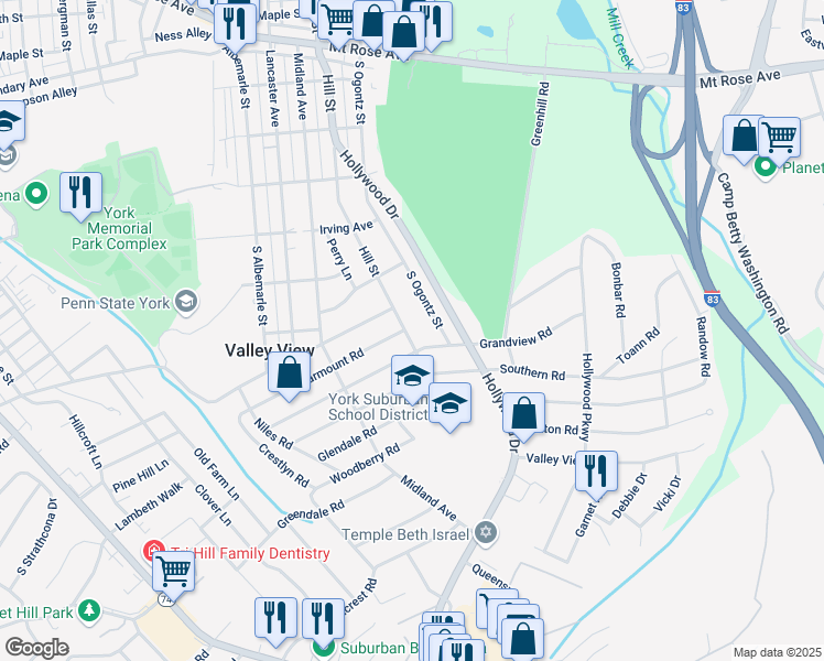 map of restaurants, bars, coffee shops, grocery stores, and more near 1349 Hill Street in York