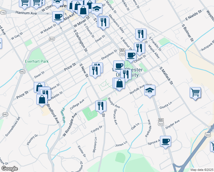 map of restaurants, bars, coffee shops, grocery stores, and more near in West Chester