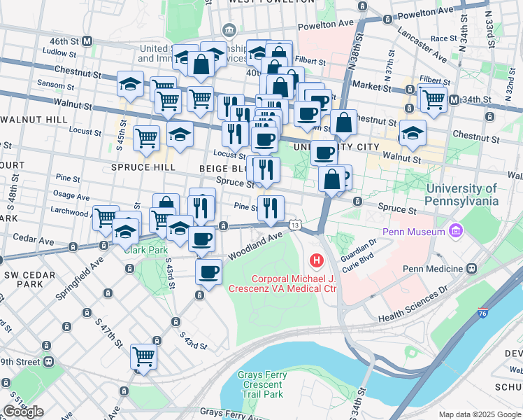 map of restaurants, bars, coffee shops, grocery stores, and more near Pine St & S 40th St in Philadelphia