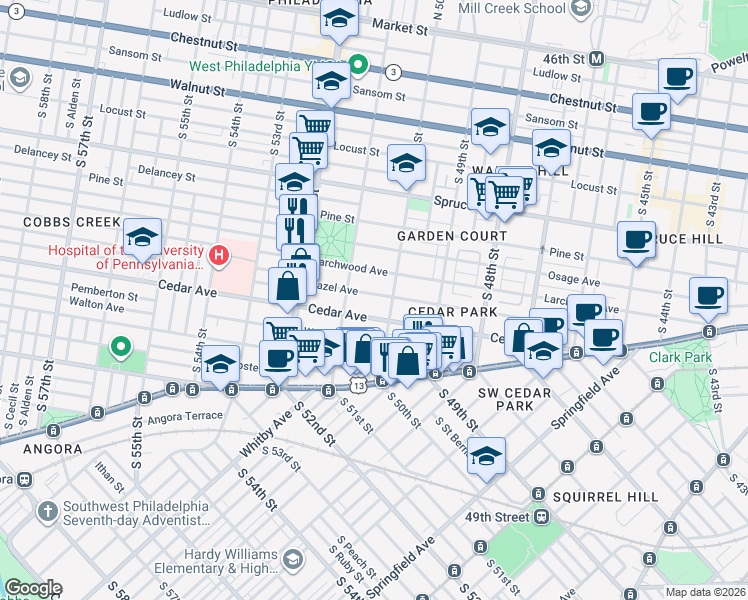 map of restaurants, bars, coffee shops, grocery stores, and more near 5018 Hazel Avenue in Philadelphia