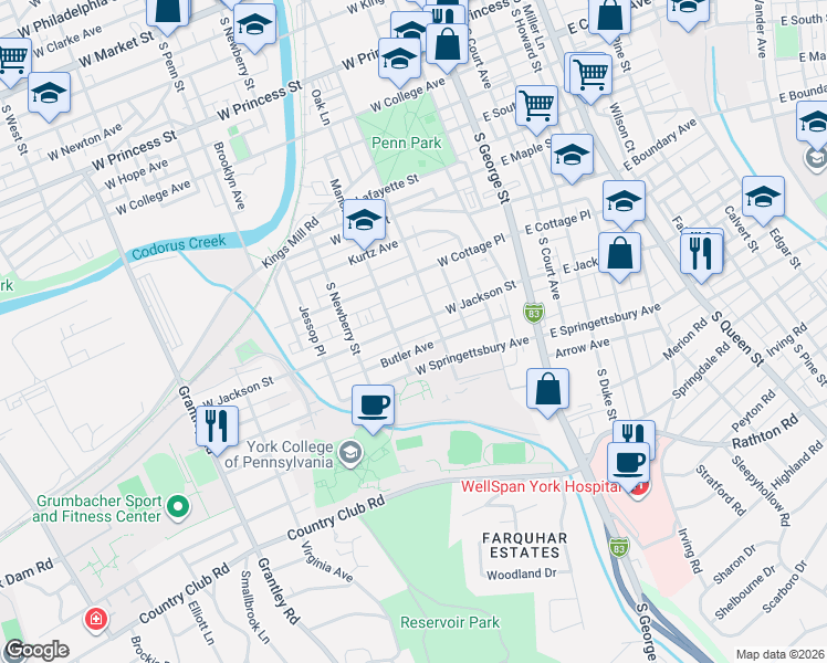 map of restaurants, bars, coffee shops, grocery stores, and more near 200 West Jackson Street in York
