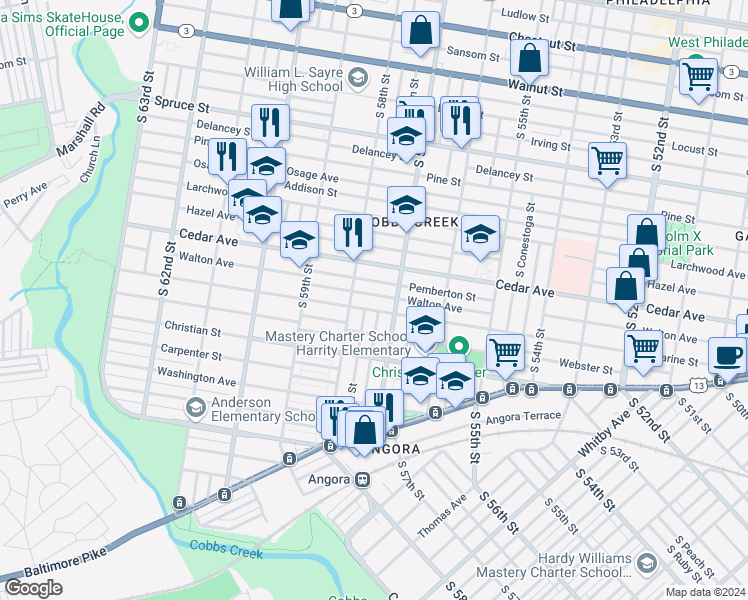 map of restaurants, bars, coffee shops, grocery stores, and more near 5730 Walton Avenue in Philadelphia