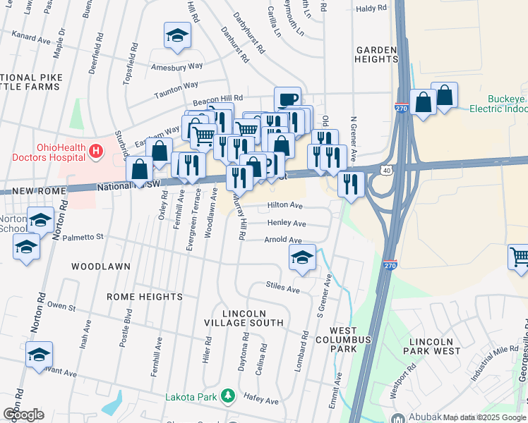 map of restaurants, bars, coffee shops, grocery stores, and more near 4738 Hilton Avenue in Columbus