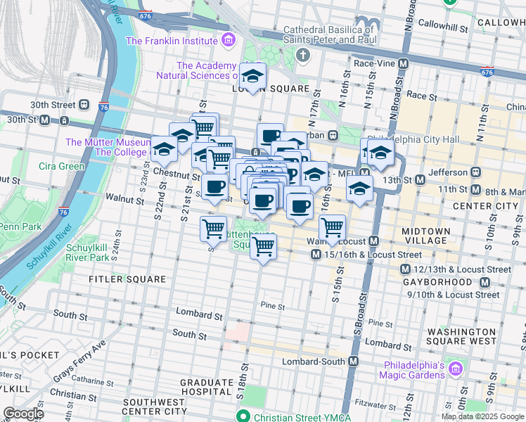 map of restaurants, bars, coffee shops, grocery stores, and more near 1737 Chestnut Street in Philadelphia