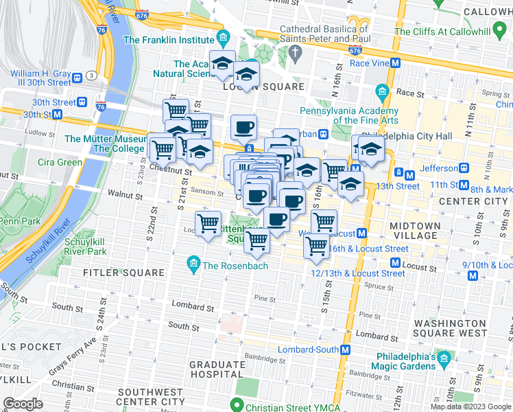 map of restaurants, bars, coffee shops, grocery stores, and more near 130 South 18th Street in Philadelphia