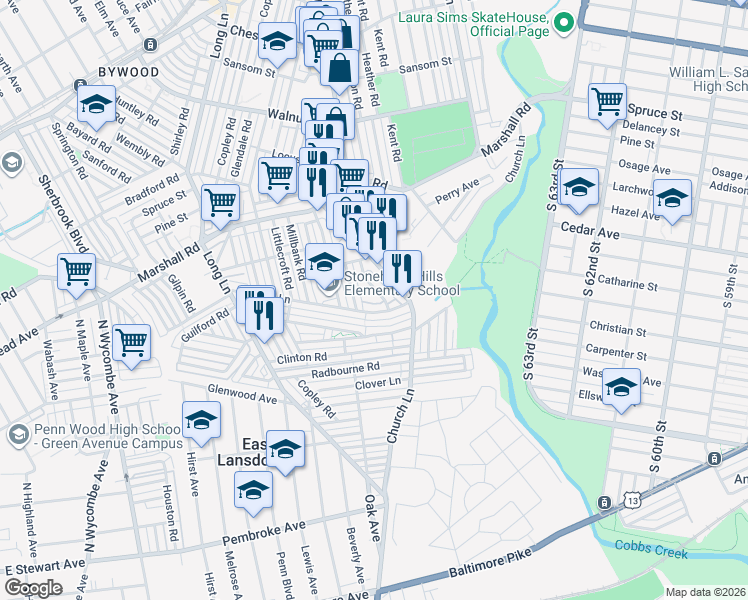map of restaurants, bars, coffee shops, grocery stores, and more near 538 Wiltshire Road in Delaware County