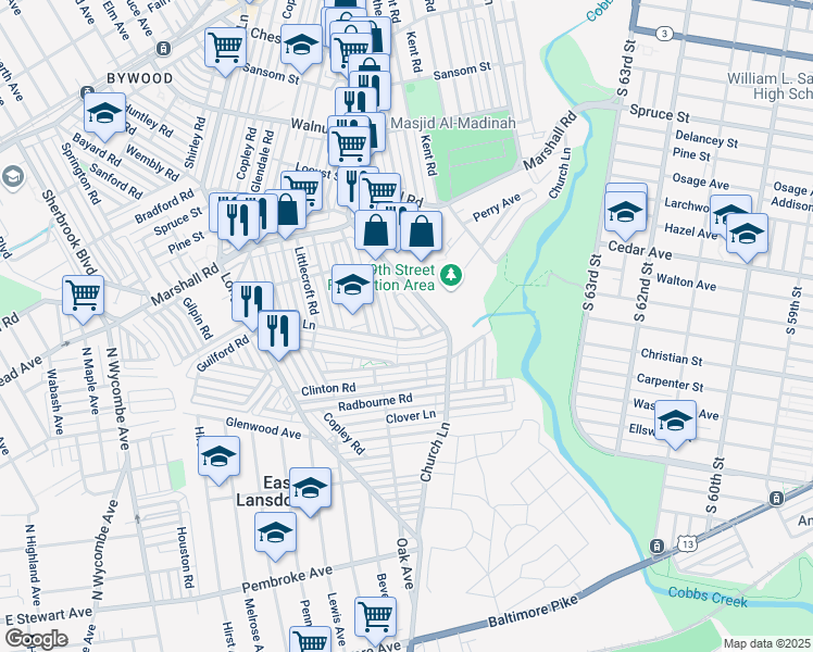 map of restaurants, bars, coffee shops, grocery stores, and more near 538 Wiltshire Road in Delaware County