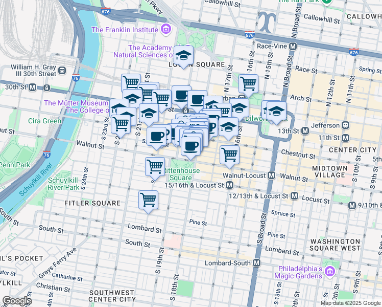 map of restaurants, bars, coffee shops, grocery stores, and more near 130 South 18th Street in Philadelphia