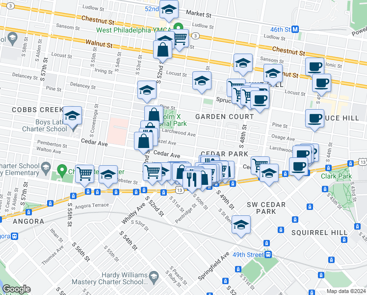 map of restaurants, bars, coffee shops, grocery stores, and more near 5024 Hazel Avenue in Philadelphia