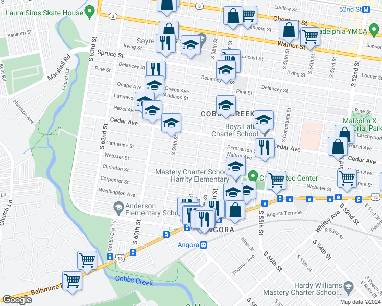 map of restaurants, bars, coffee shops, grocery stores, and more near 5834 Walton Avenue in Philadelphia