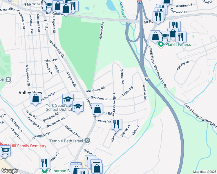 map of restaurants, bars, coffee shops, grocery stores, and more near 1174 Grandview Road in York