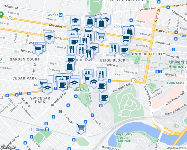 map of restaurants, bars, coffee shops, grocery stores, and more near 4227 Osage Avenue in Philadelphia