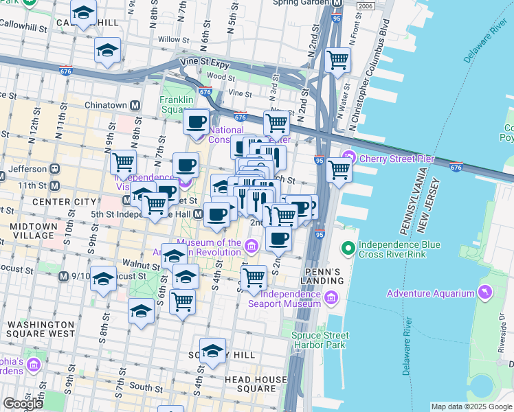 map of restaurants, bars, coffee shops, grocery stores, and more near 30 North 3rd Street in Philadelphia