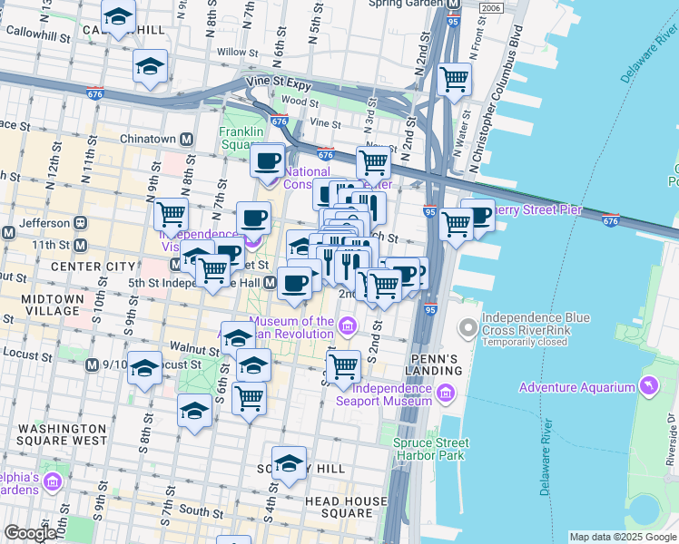 map of restaurants, bars, coffee shops, grocery stores, and more near 30 North 3rd Street in Philadelphia